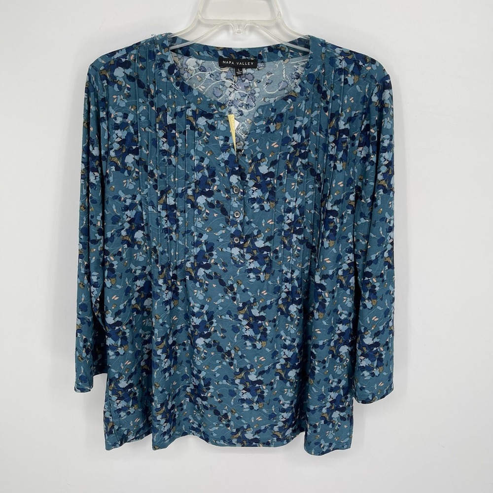 Napa Valley NWT Women's Blue Floral Pintuck Pleated Henley Boho Blouse Size L